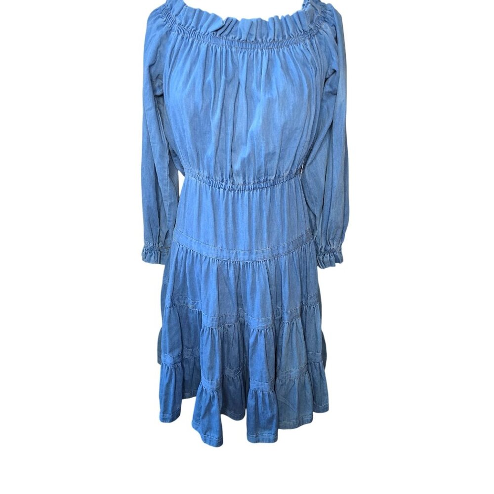 VTG D. Frank Petites Blue Long Sleeve Off-Shoulder Tiered Prairie‎ Dress Size 2